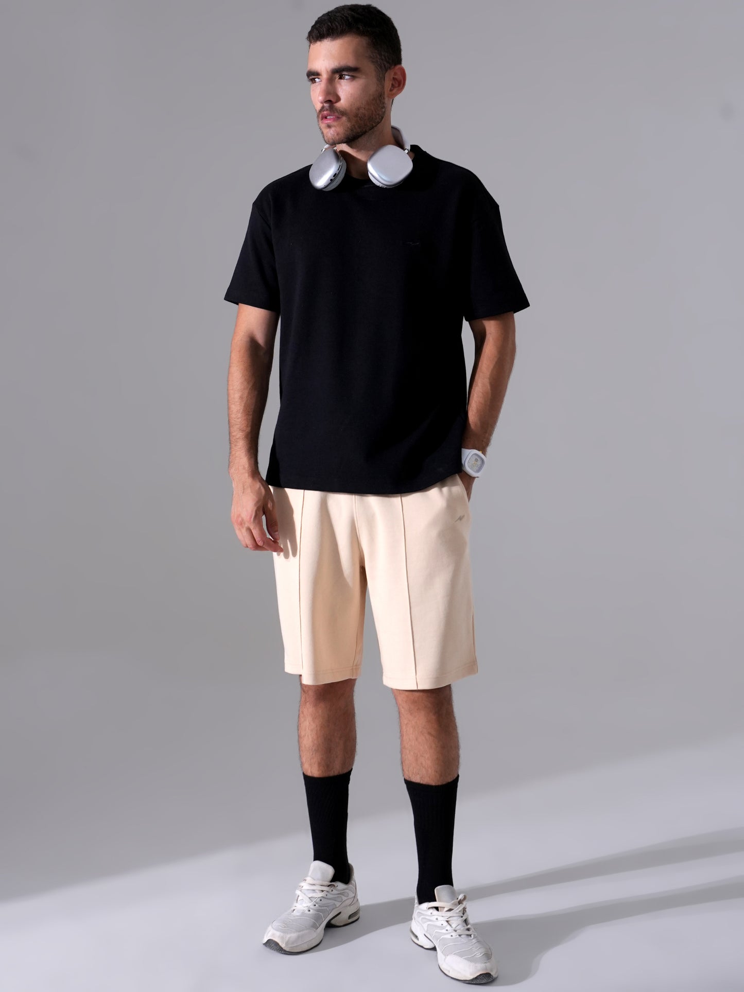 Men Black T-Shirt & Beige Shorts Cord Set | Stylish Regular Fit Co-Ord Set for Men
