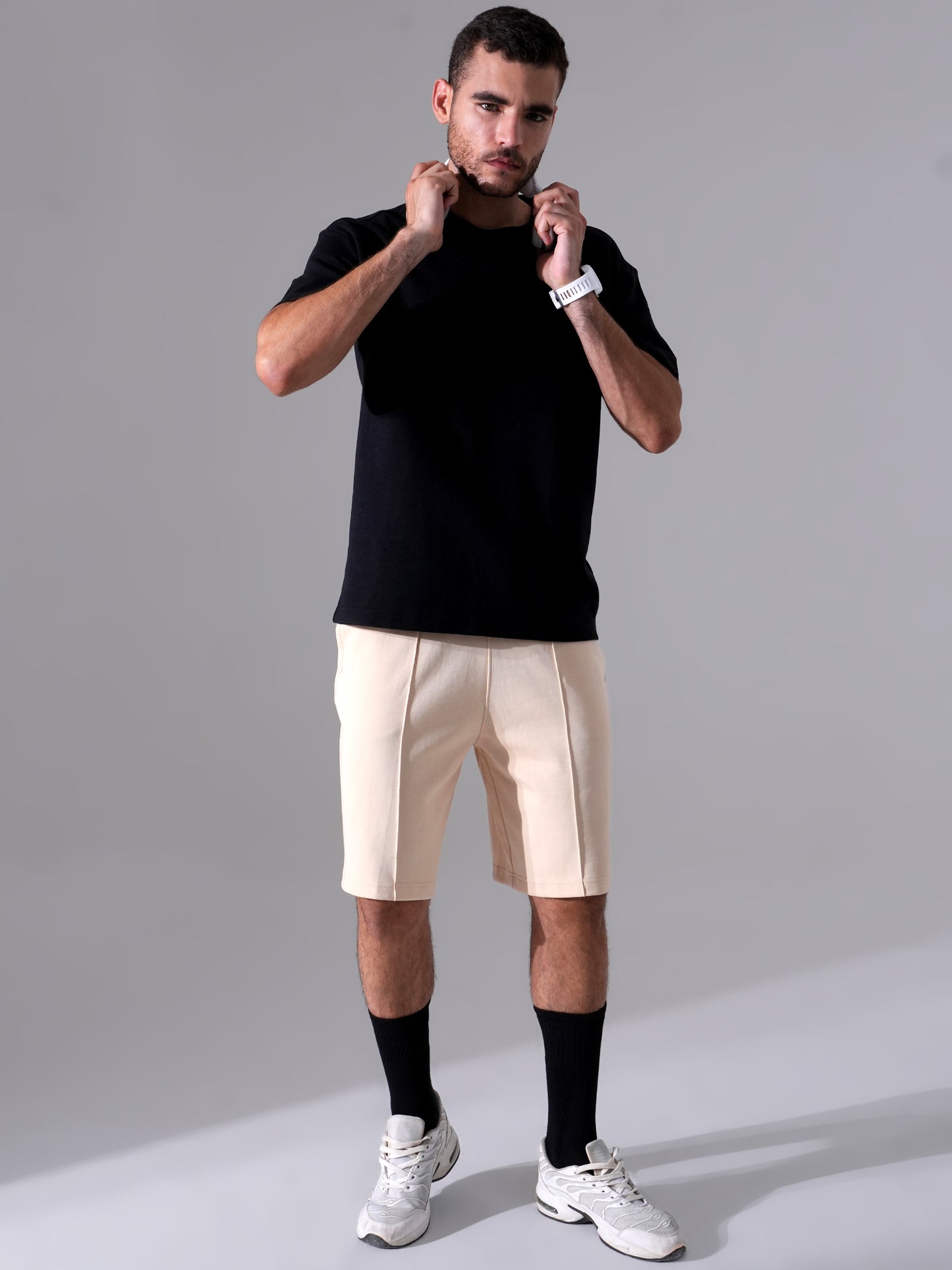 Men Black T-Shirt & Beige Shorts Cord Set | Stylish Regular Fit Co-Ord Set for Men