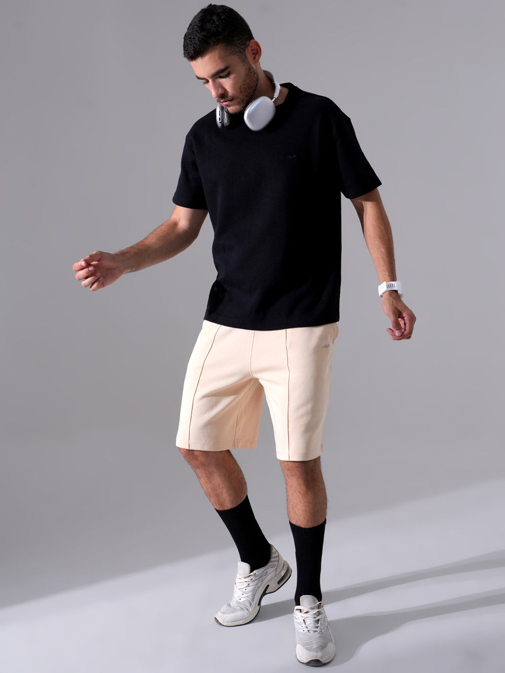 Men Black T-Shirt & Beige Shorts Cord Set | Stylish Regular Fit Co-Ord Set for Men