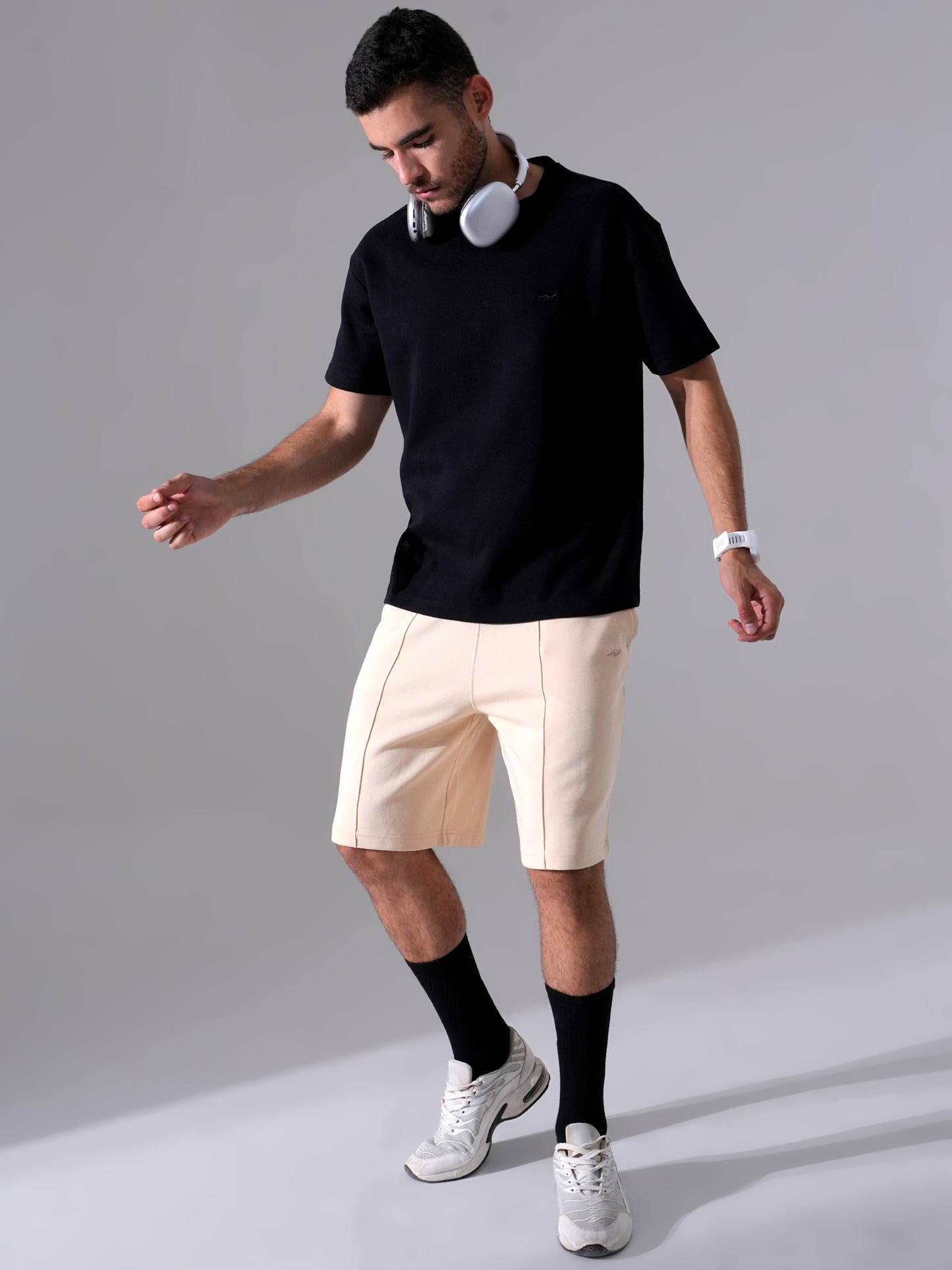 Men Black T-Shirt & Beige Shorts Cord Set | Stylish Regular Fit Co-Ord Set for Men