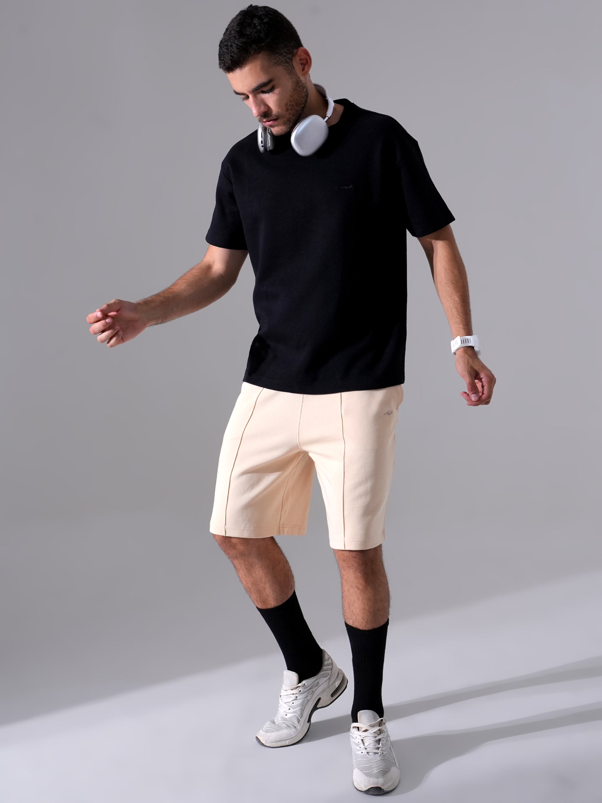 Men Black T-Shirt & Beige Shorts Cord Set | Stylish Regular Fit Co-Ord Set for Men