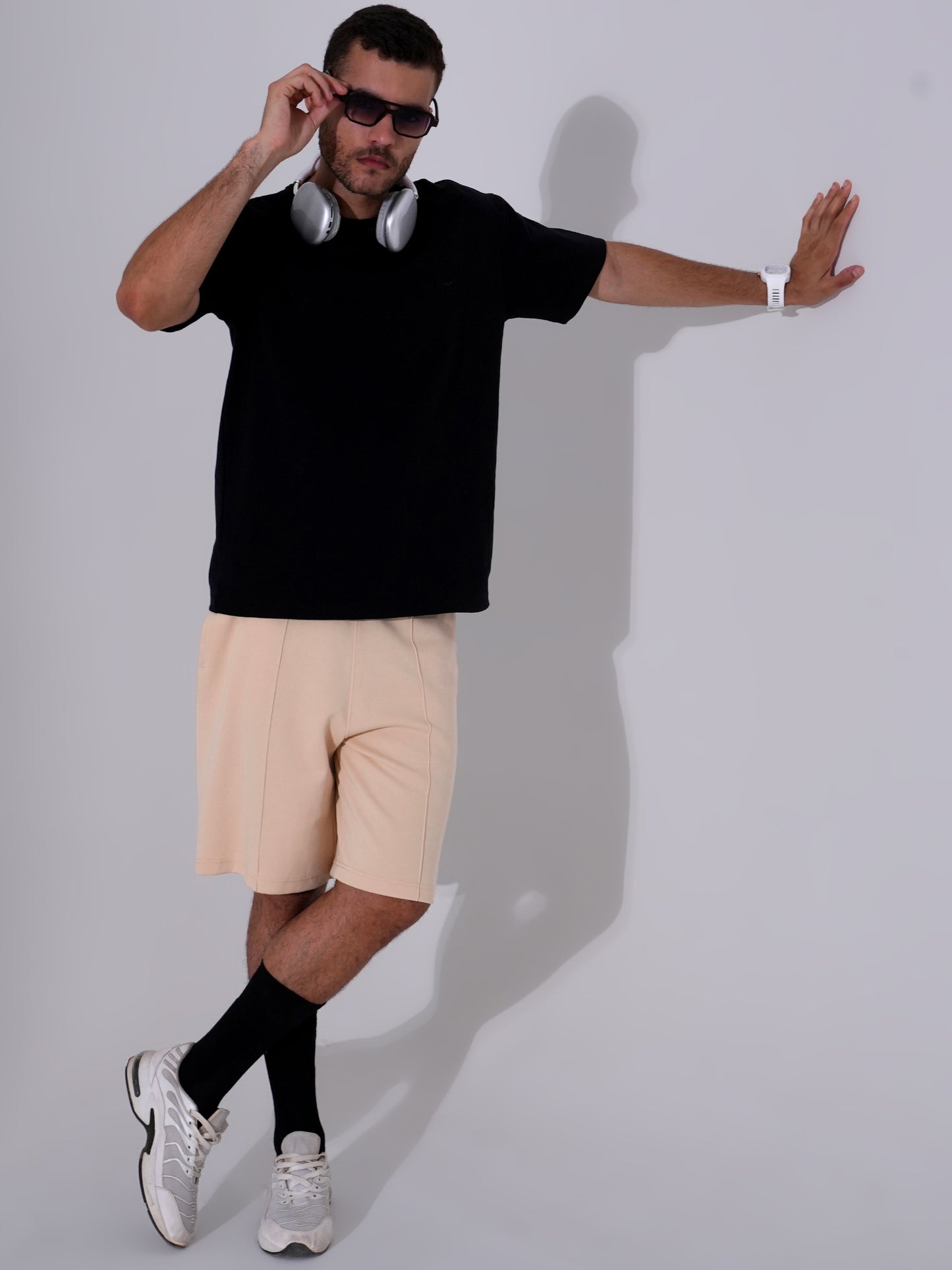 Men Black T-Shirt & Beige Shorts Cord Set | Stylish Regular Fit Co-Ord Set for Men