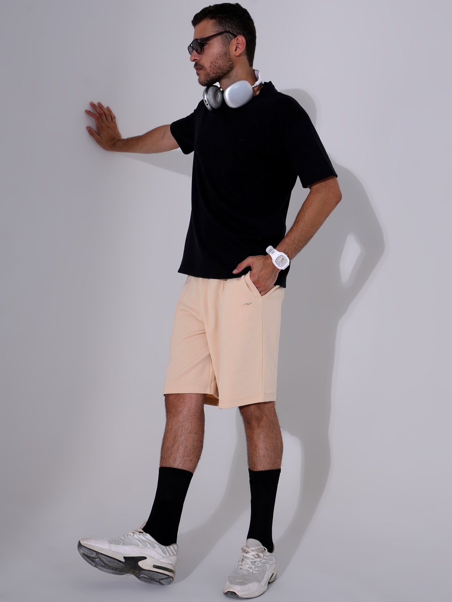 Men Black T-Shirt & Beige Shorts Cord Set | Stylish Regular Fit Co-Ord Set for Men
