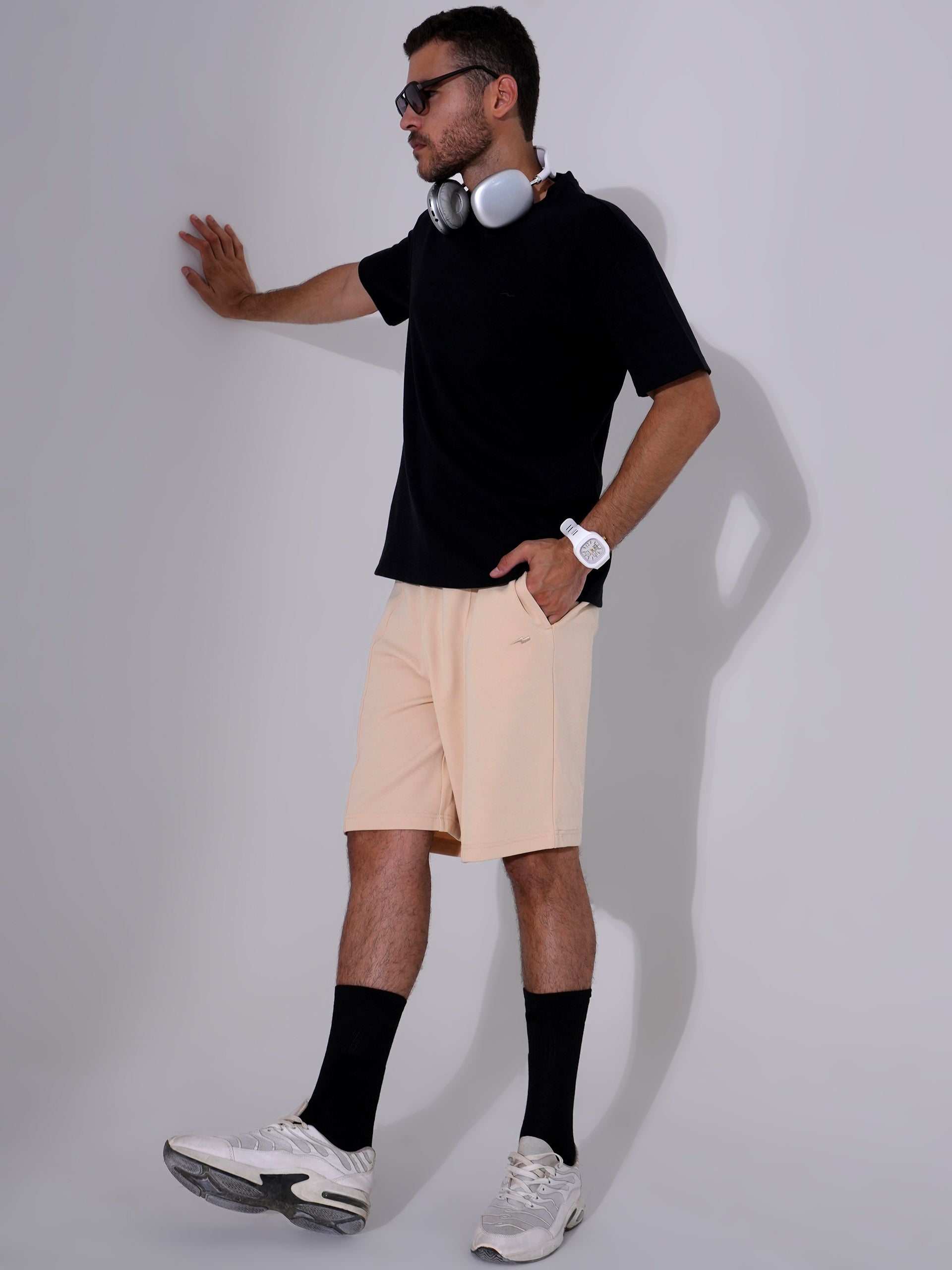 Men Black T-Shirt & Beige Shorts Cord Set | Stylish Regular Fit Co-Ord Set for Men