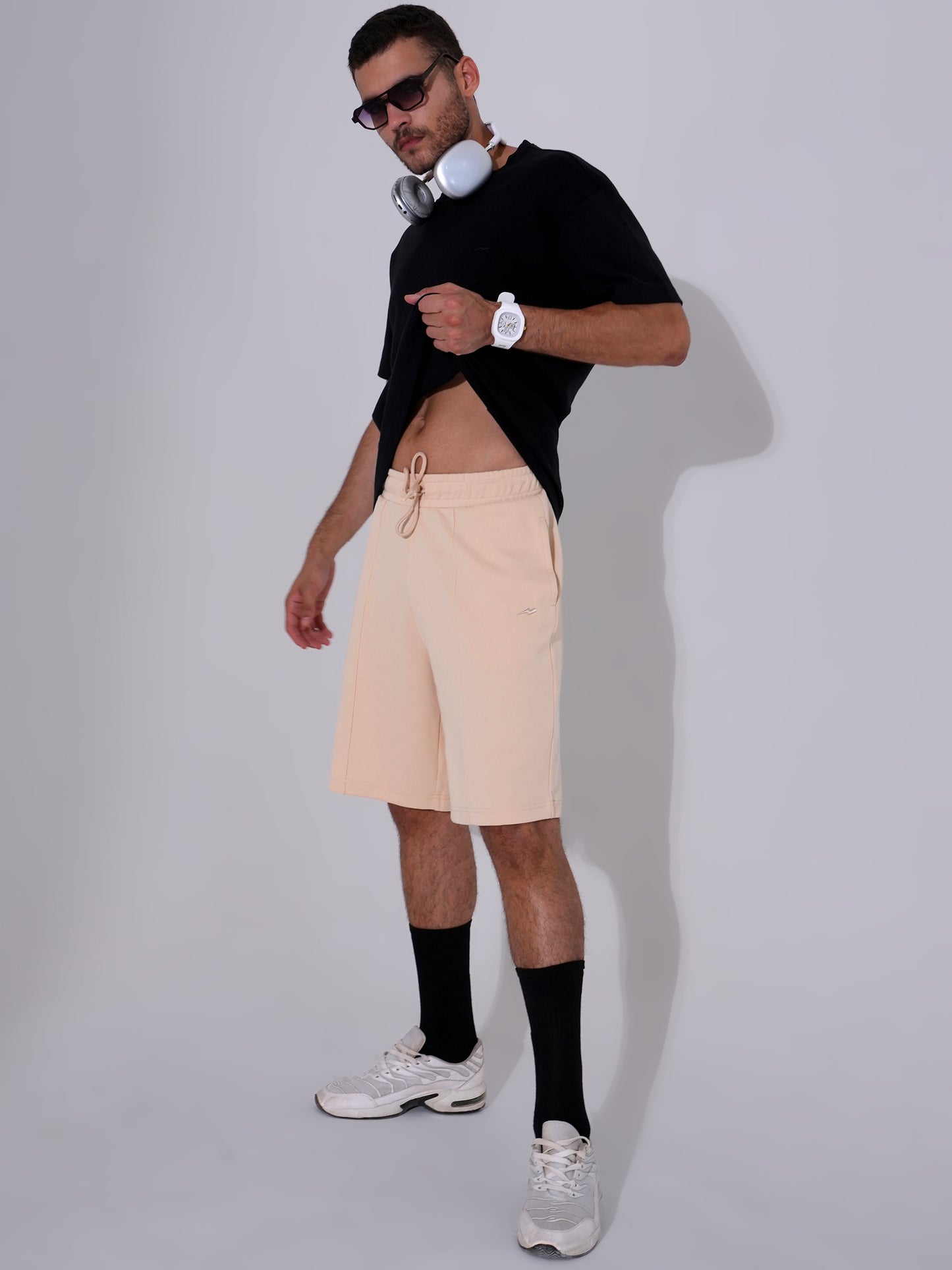 Men Black T-Shirt & Beige Shorts Cord Set | Stylish Regular Fit Co-Ord Set for Men