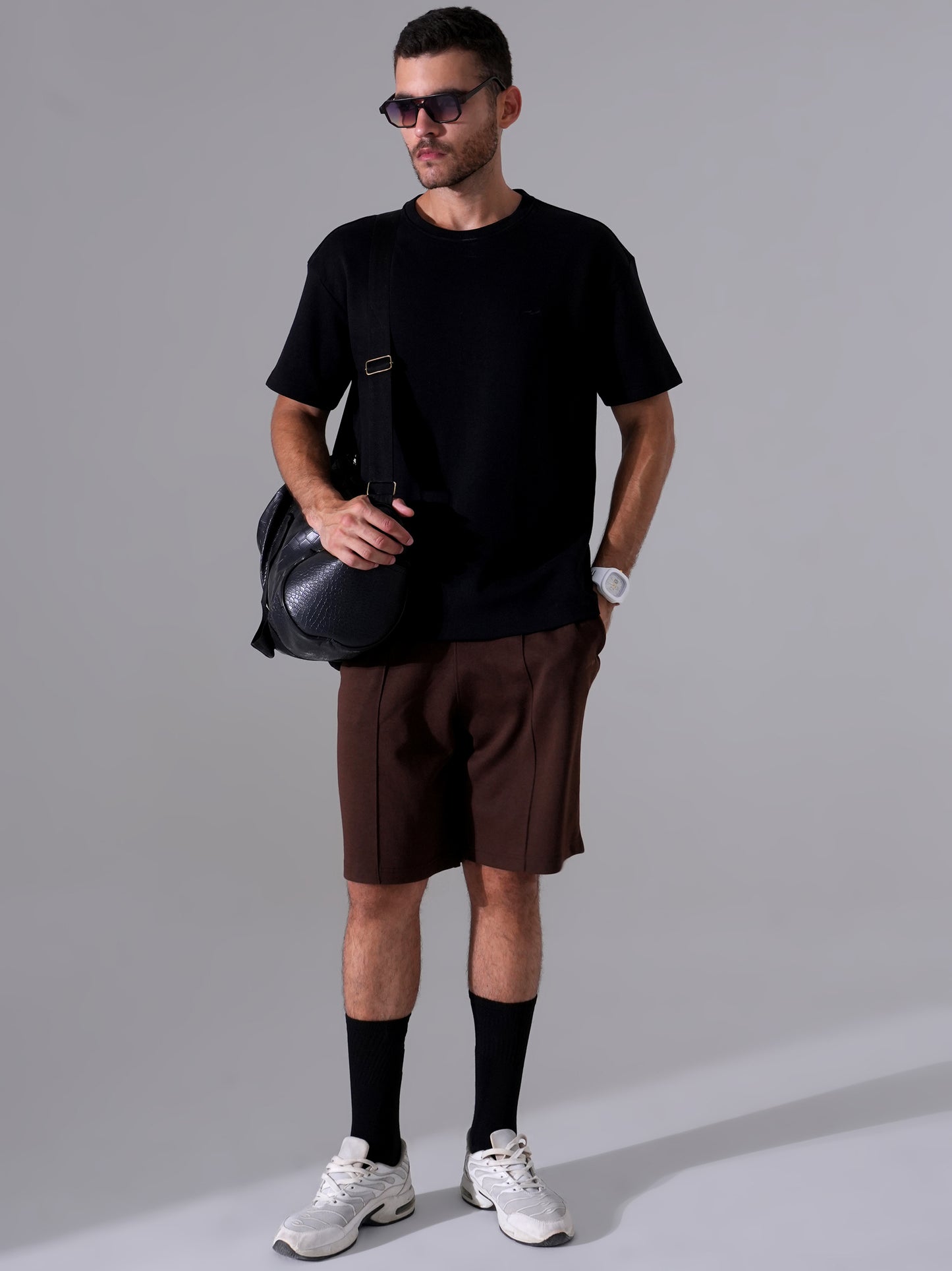 Men Black T-Shirt & Tan Shorts Cord Set | Stylish Regular Fit Co-Ord Set for Men