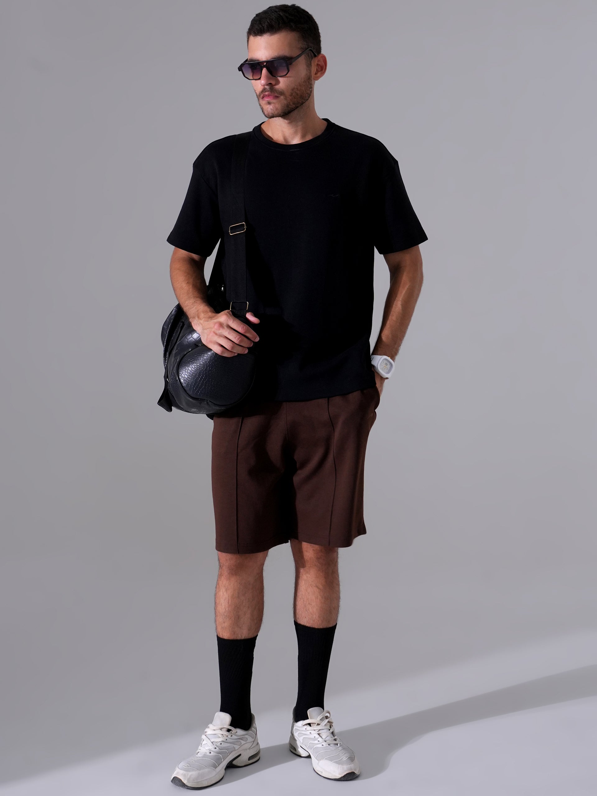 Men Black T-Shirt & Tan Shorts Cord Set | Stylish Regular Fit Co-Ord Set for Men