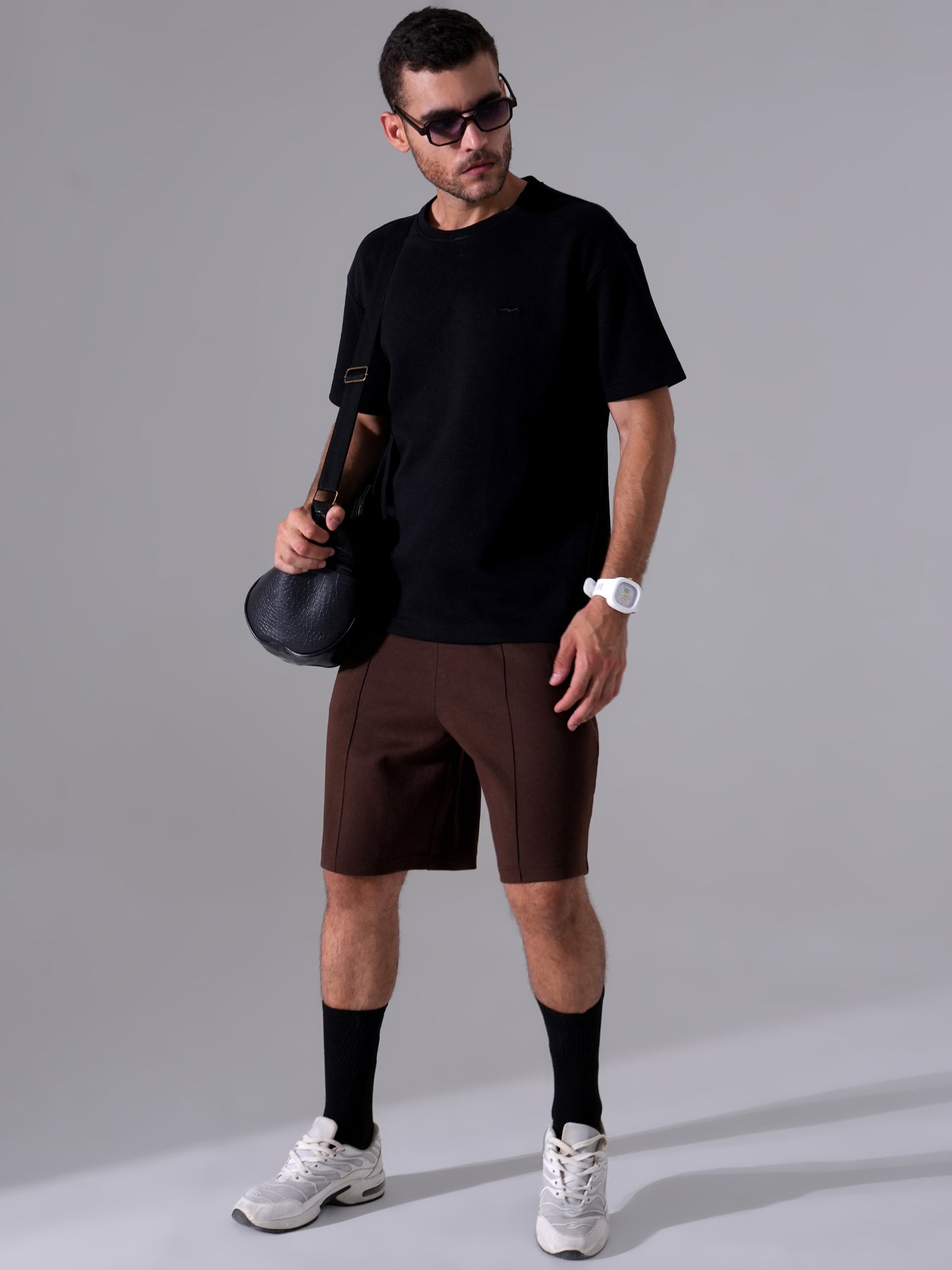 Men Black T-Shirt & Tan Shorts Cord Set | Stylish Regular Fit Co-Ord Set for Men