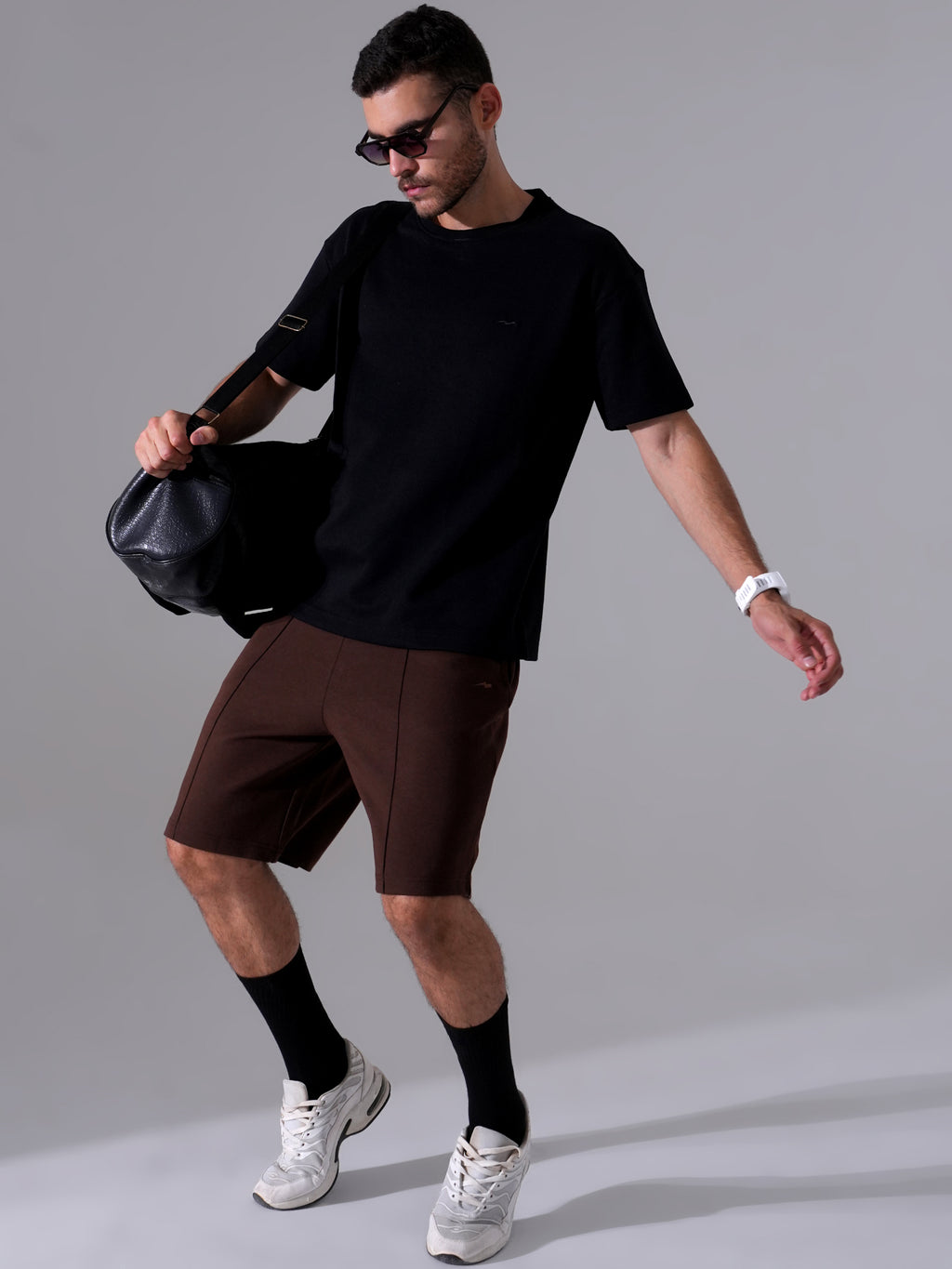 Men Black T-Shirt & Tan Shorts Cord Set | Stylish Regular Fit Co-Ord Set for Men