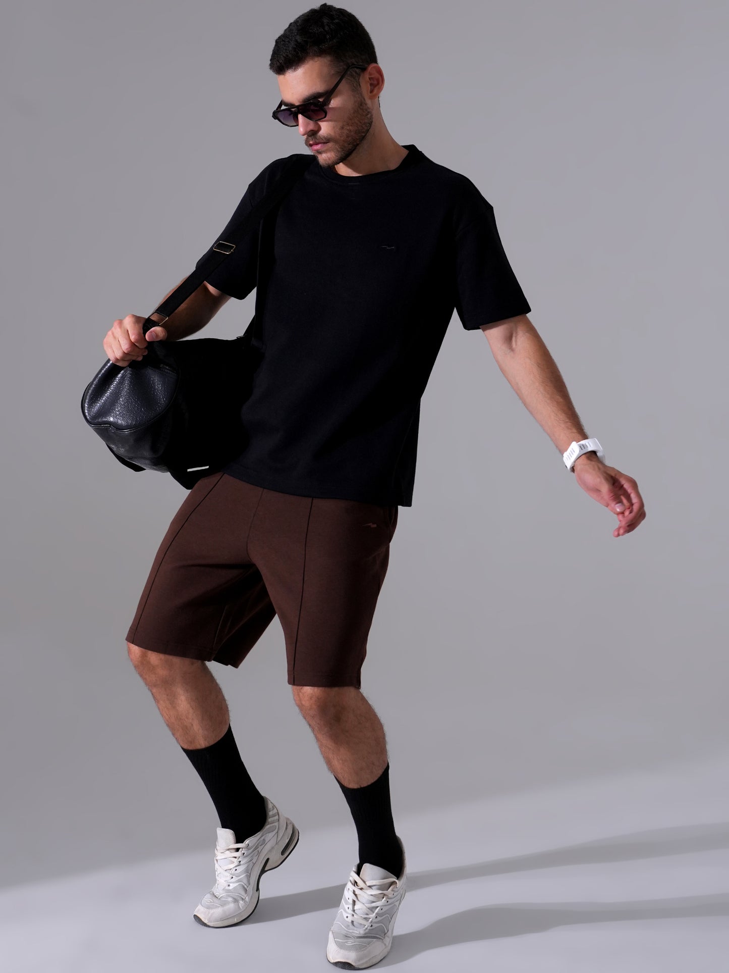 Men Black T-Shirt & Tan Shorts Cord Set | Stylish Regular Fit Co-Ord Set for Men