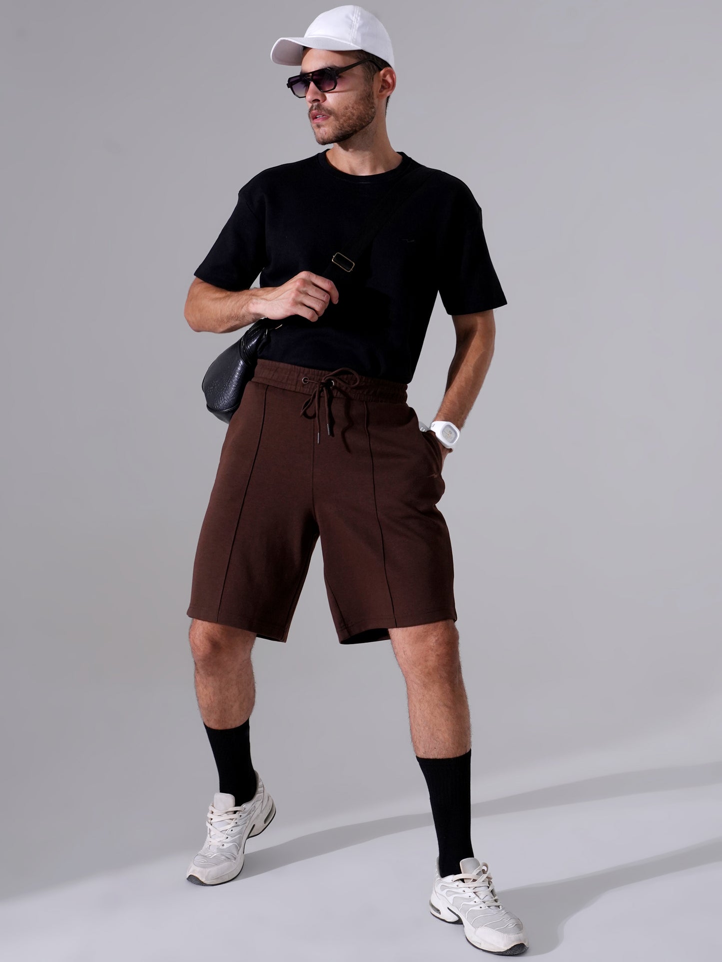 Men Black T-Shirt & Tan Shorts Cord Set | Stylish Regular Fit Co-Ord Set for Men